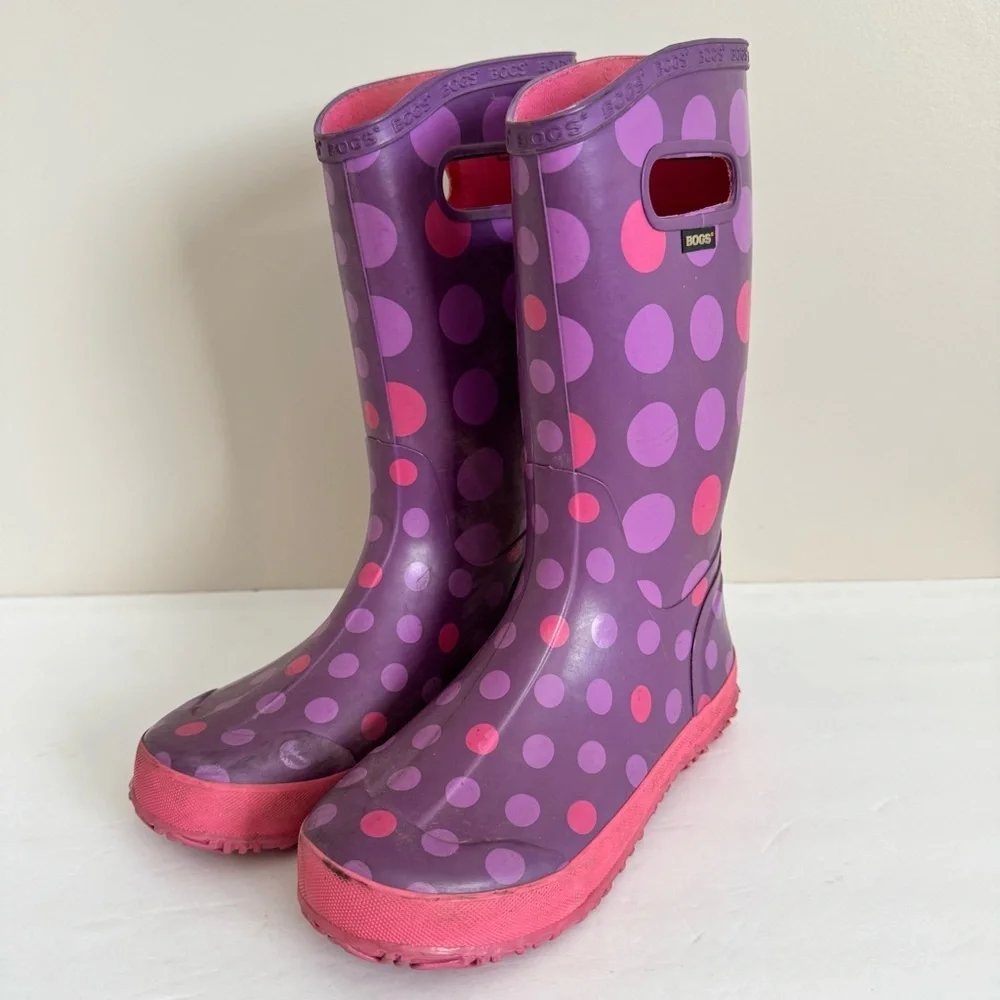 Bogs Rubber Pull On Waterproof Rain Boots Polka Dot Purple Big Kids Youth Size 5